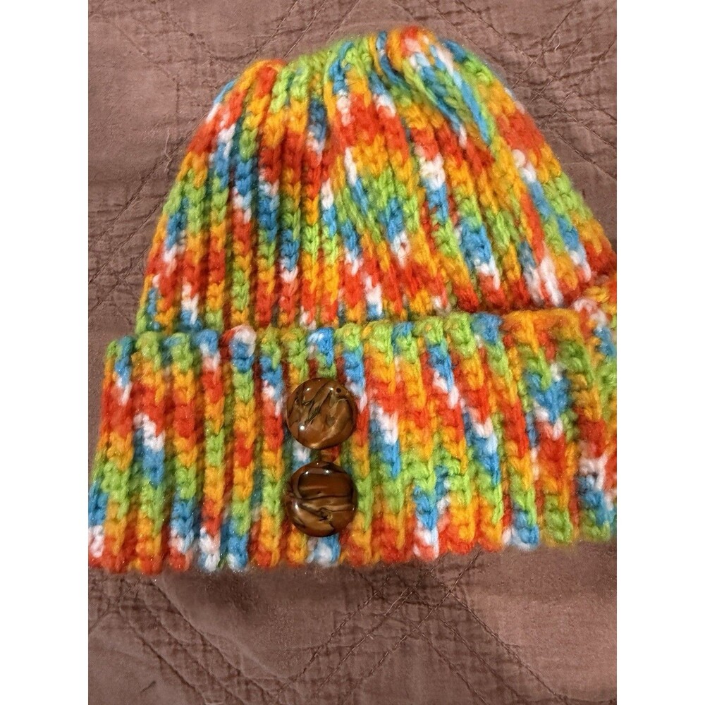 Handcrafted MultiColor Variegated Winter Knit Beanie Hat with Decorative Buttons